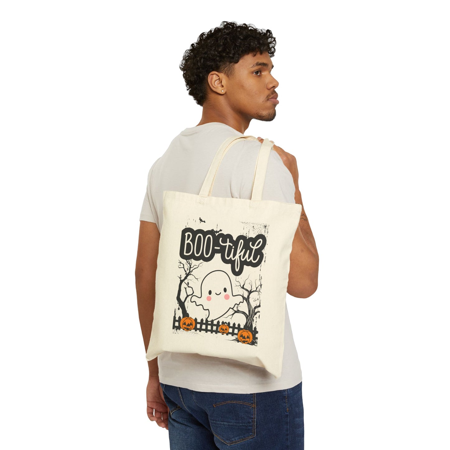 Boo-tiful Ghost Halloween Canvas Tote Bag, Fall Gift, Eco-Friendly Halloween Tote, Trick or Treat Bag, Seasonal Shopping Bag