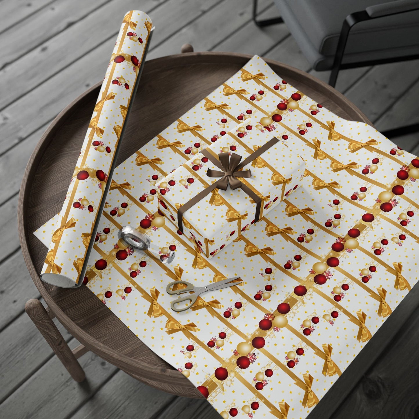 Festive Wrapping Paper Roll, Gold and Red Xmas Gift Wrap, Holiday Decor, Christmas Present Wrapping, Party Supplies, Elegant Gift Wrap