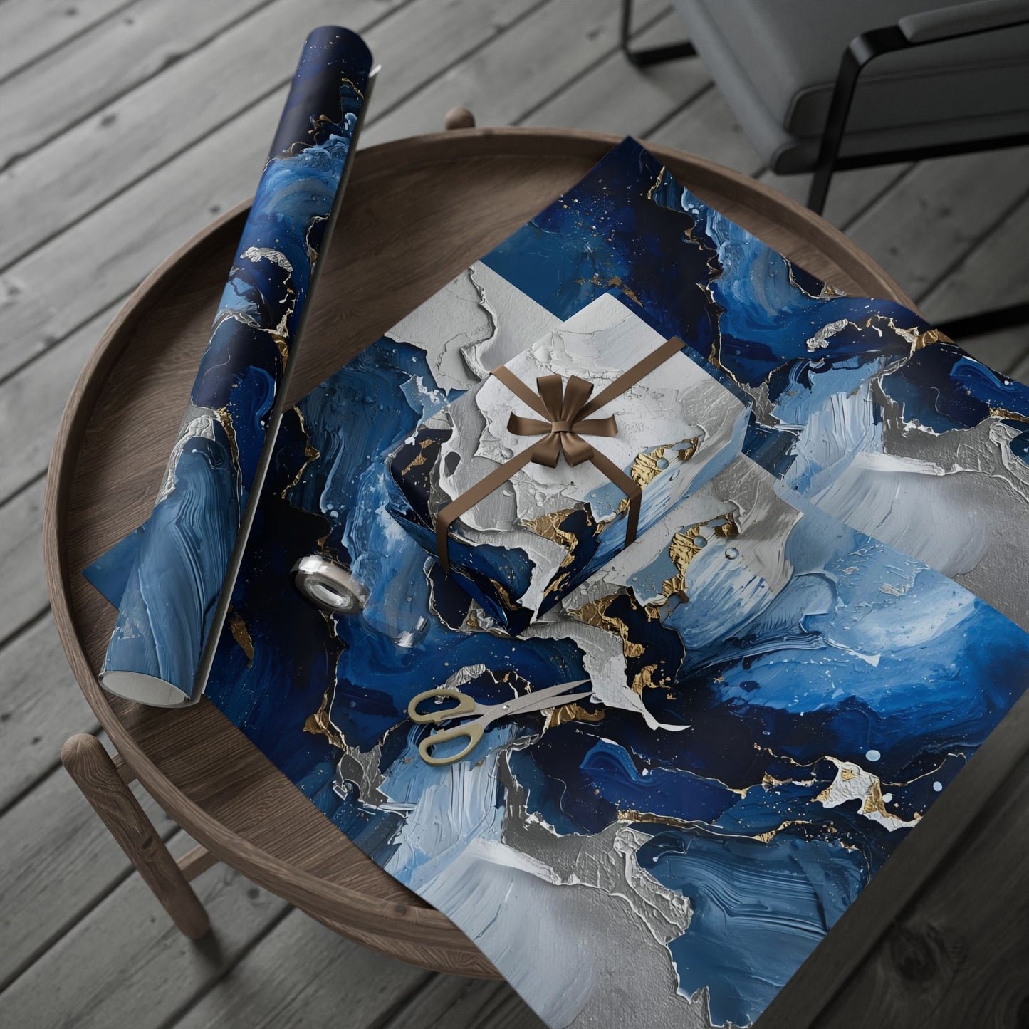 Elegant Abstract Wrapping Paper, Gift Wrap, Party Decor, Blue and Gold Design, Holiday Gift Giving, Eco-Friendly Wrapping