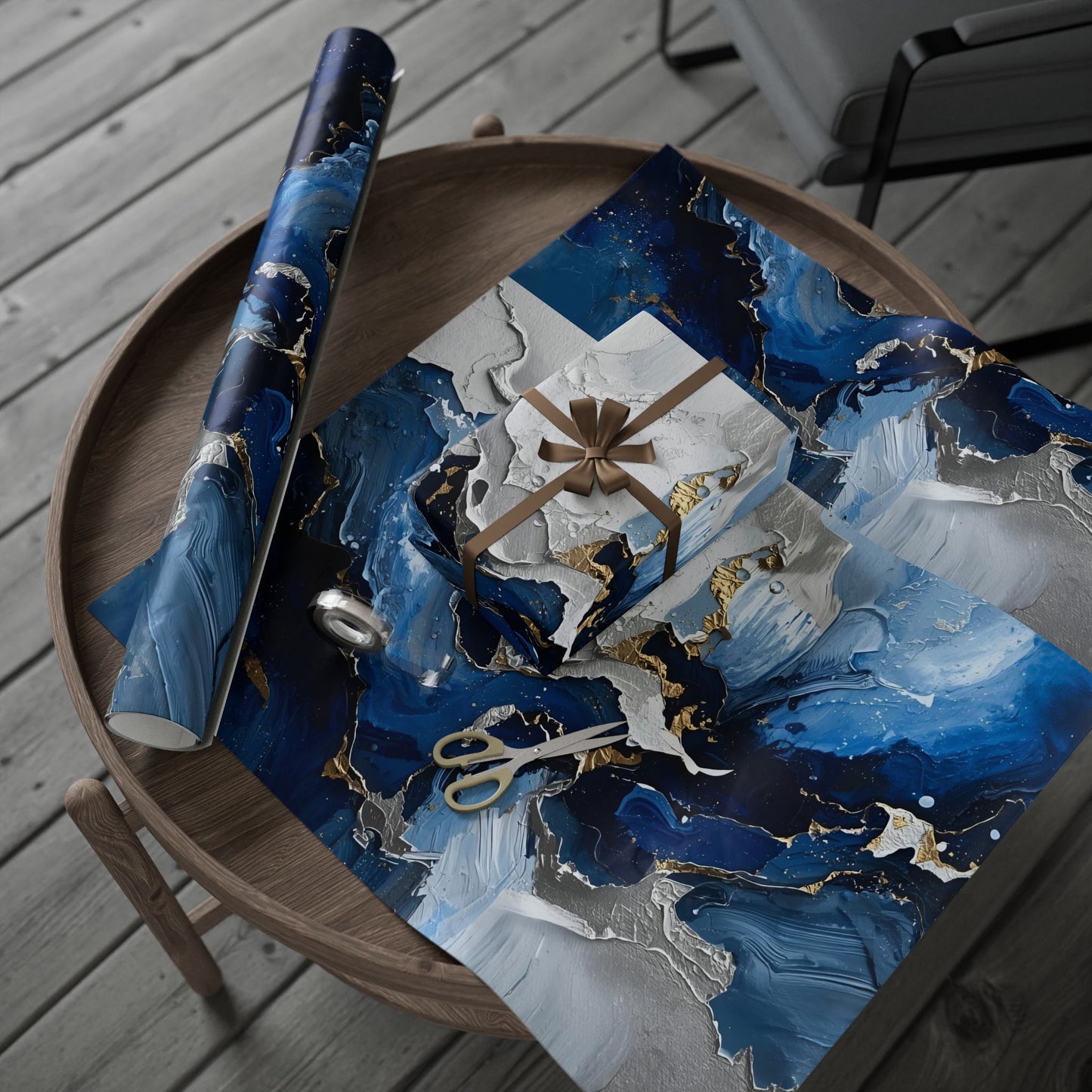 Elegant Abstract Wrapping Paper, Gift Wrap, Party Decor, Blue and Gold Design, Holiday Gift Giving, Eco-Friendly Wrapping