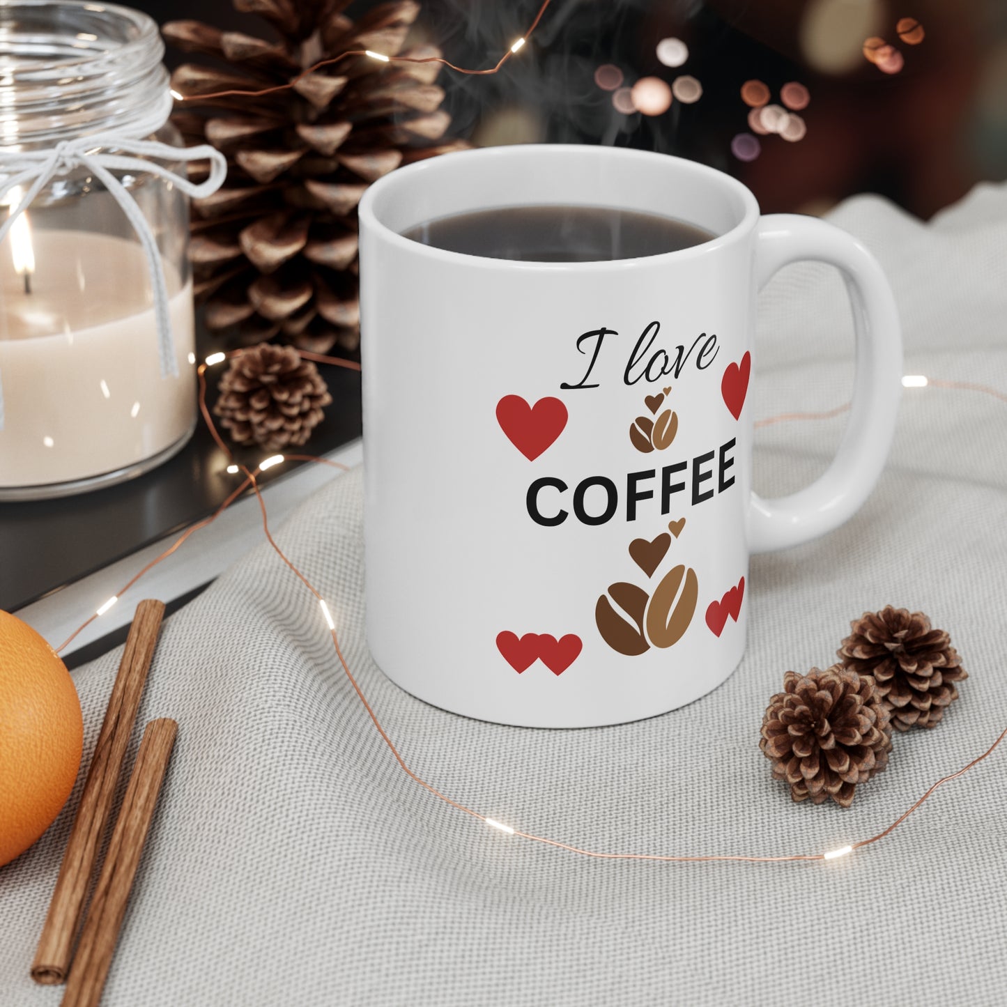 I Love Coffee Mug 11oz, Coffee Lover Gift, Heart Design Cup, Cute Mug for Friends, Valentine's Day Coffee Mug, Tea Lover's Mug