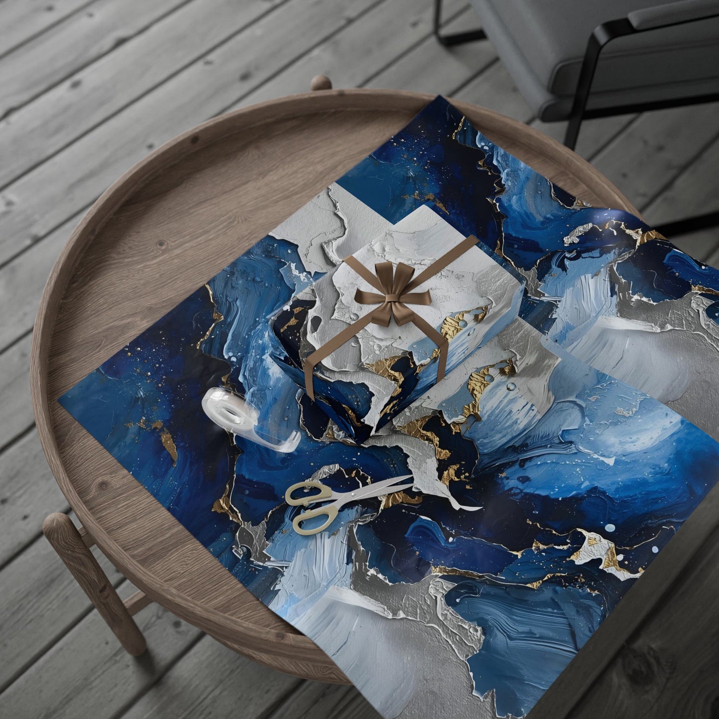 Elegant Abstract Wrapping Paper, Gift Wrap, Party Decor, Blue and Gold Design, Holiday Gift Giving, Eco-Friendly Wrapping