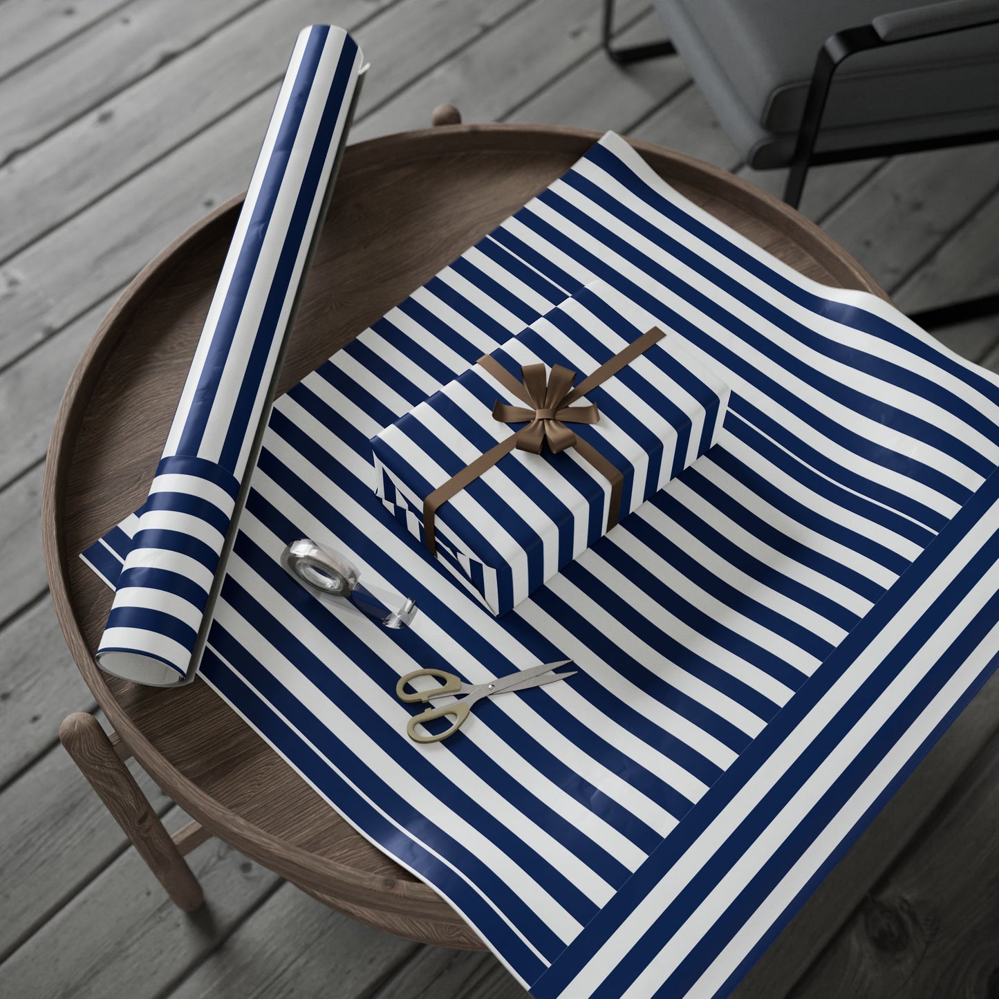 Nautical Striped Wrapping Paper Roll, Gift Wrap for Birthdays, Weddings, Baby Showers, Holidays, Navy Blue Decoration