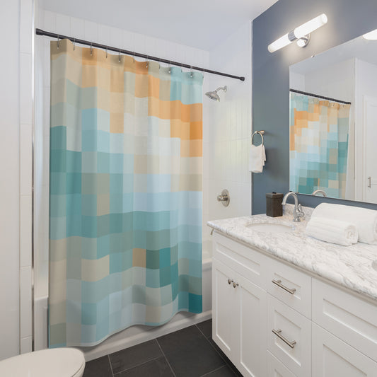 Serene Watercolor Shower Curtain, Bathroom Decor, Modern Home, Coastal Vibes, Aqua Orange, Beach House Accent