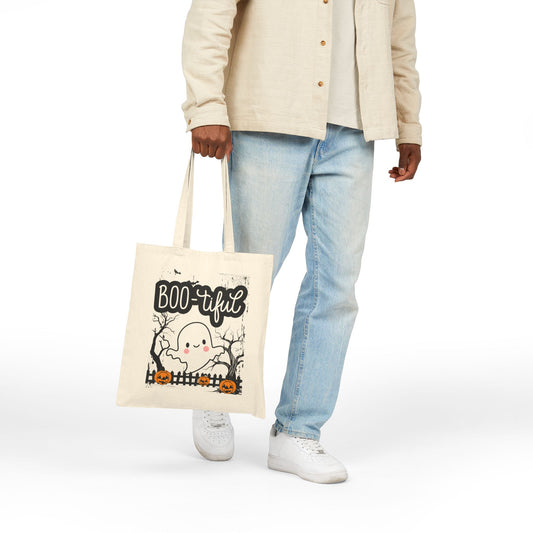 Boo-tiful Ghost Halloween Canvas Tote Bag, Fall Gift, Eco-Friendly Halloween Tote, Trick or Treat Bag, Seasonal Shopping Bag