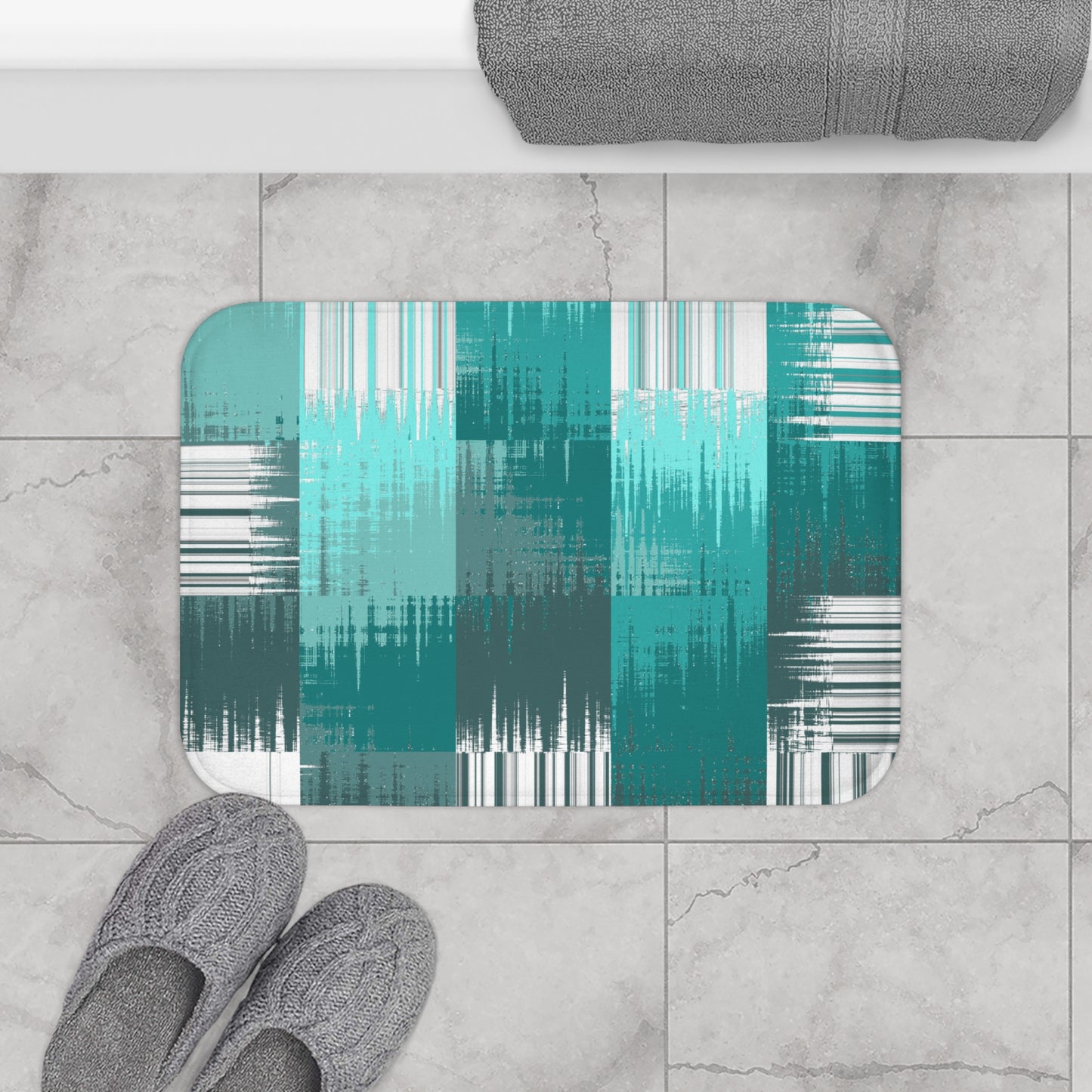 Modern Geometric Bath Mat, Abstract Aqua and Gray Bath Rug, Stylish Bathroom Accessory, Home Decor, Gift Idea