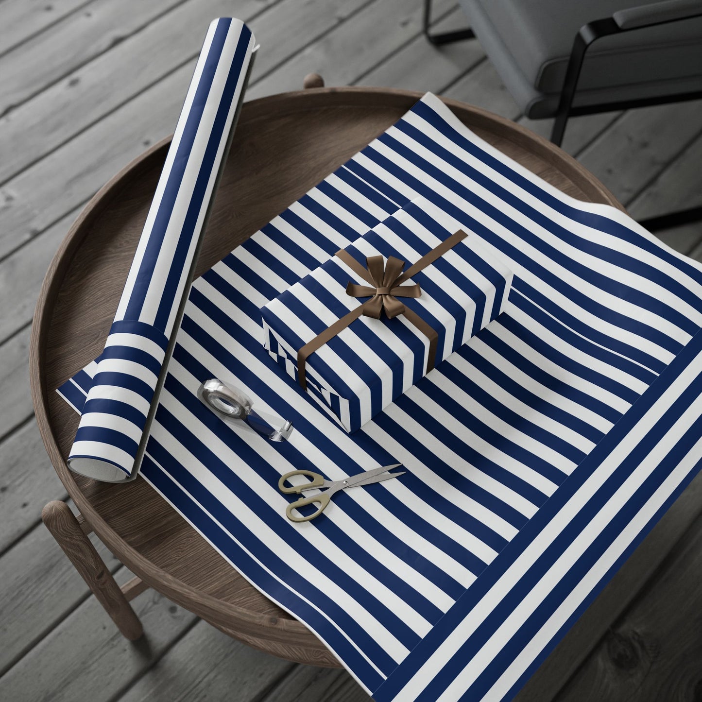 Nautical Striped Wrapping Paper Roll, Gift Wrap for Birthdays, Weddings, Baby Showers, Holidays, Navy Blue Decoration