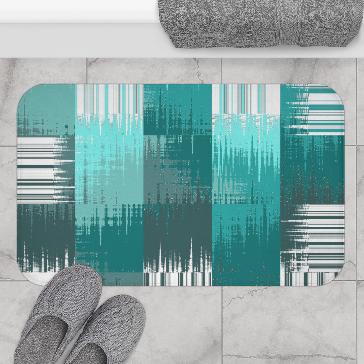 Modern Geometric Bath Mat, Abstract Aqua and Gray Bath Rug, Stylish Bathroom Accessory, Home Decor, Gift Idea